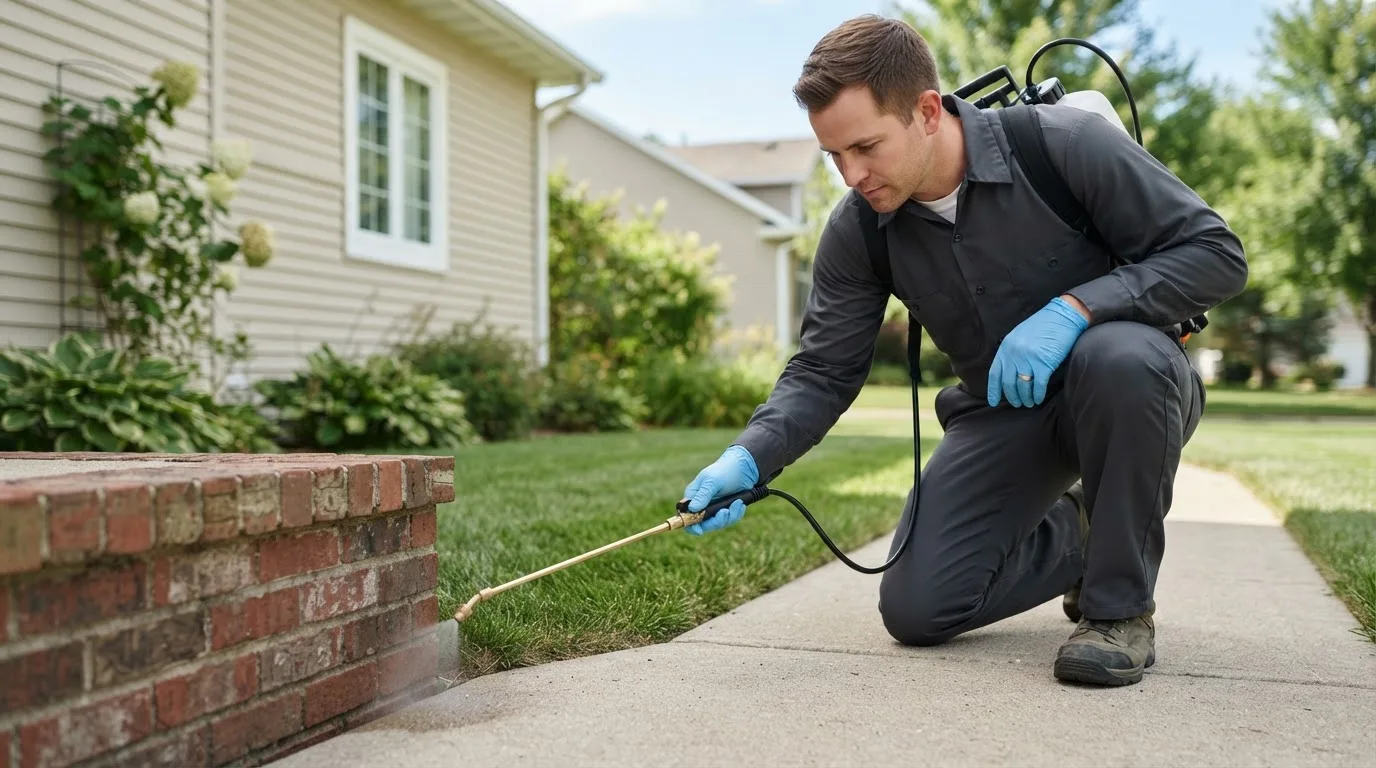 Pest control technician treating a home near Wilkinson, IN