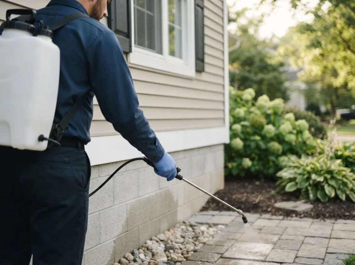 Pest control technician inspecting a home in Wilkinson, IN
